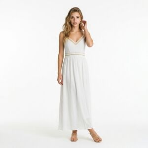 Japna White Boho Maxi Dress Embroidered V Neck Smocked Back Size S